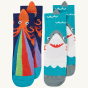 Frugi Character Socks 2-Pack - Shark / Squid, made with GOTS Organic Cotton. A two pair pack of knitted character socks with fun 3D detail. The left pair of socks are of an orange squid shooting rainbow squid ink, the right paid of socks are of a shark in