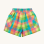 Frugi Organic Kids Laura Shorts - Summertime Check. A beautiful, bright multi-coloured checked print shorts and two pockets on the short legs, on a cream background