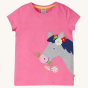 Frugi Children's Organic Cotton Elise Applique T-Shirt - Horse. A pink t-shirt with cap sleeves and gorgeous applique horse and flower detailing and soft rib neck, on a cream background