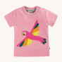 Frugi Organic Little Creature Applique T-Shirt - Pink Marl / Macaw. A soft, dusky organic cotton top, with a beautiful pink, yellow and orange winged Macaw applique, with popper fastenings on the shoulders. On a cream background