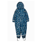 Back of the Frugi kids puffin print all in one puddle buster suit on a white background