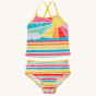Frugi Kiri Tankini - Sunshine. A beautiful and clolourful sunshine striped print tankini, bottoms and top set with yellow cross over back and soft lining. Made with Recycled material, on a cream background
