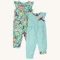 Frugi Children's Organic Cotton Etta Reversible Playsuit - Tropical Birds / Spring Dobby. A beautiful reversible play-suit, filled with colourful tropical birds and flowers on one side, and a plane mint green with a parrot applique on the reversible side.