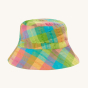 Frugi Organic Sorrel Reversible Hat - Summertime Check. One side of the hat is a soft pale blue organic cotton seersucker, and the other is a bright summertime check print. The print shown is the summertime check print, on a cream background