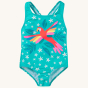 Frugi Sally Swimsuit - Macaw. A beautiful lined teal blue swimsuit with a colourful macaw, leaf and white flower print, on a cream background.