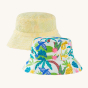 Frugi Organic Rally Reversible Hat - Jaguar Jungle / Seersucker. A wide-brim children's reversible bucket hat, with one side in a thin yellow and white stripe patter, and the other in a colourful jungle print, on a cream background