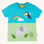 Frugi Children's Organic Cotton Little Penryn Panel T-Shirt - Elephant. Frugi Elephant Little Penryn Panel T-shirt is a light blue short-sleeve top with a green front panel and a gorgeous rainbow, elephant and toucan character applique on the front, on a 