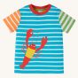 Frugi Children's Organic Cotton Hotchpotch Applique T-Shirt - Lobster. A colourful multi stripe Frugi T-Shirt for children, made from organic cotton and features a playful Lobster applique on the front