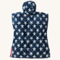 The back of the Frugi Children's Organic Cotton Havana Hooded Towel - Navy Starfish. A soft hooded towel poncho in Navy Blue with white starfish print on the outside. Inside is white with navy blue star fish and red piping. On a cream background