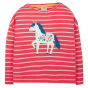 Frugi organic cotton long sleeve pink and white stripe top for kids with a colourful unicorn applique at the centre of the top