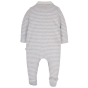 Back of the grey striped Frugi eco-friendly collared baby grow on a white background