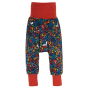 Frugi woodland friends parsnip pants with red roll up ankle cuffs and waistband rolled out on white background