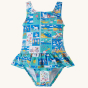 Frugi Postcards design Little Coral Swimsuit pictured on a plain background
