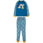 Frugi Jamie jim jams blue rainbow applique blom print with yellow sleeve and ankle cufffs on a white backgound