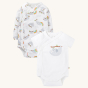 The Frugi Sleepy Sloths Shay Body is a multipack of two soft white organic cotton kimono style baby bodysuits, one short sleeve white with a sloth and rainbow motif, and the second is a long sleeve white body with a cute all-over sloth and rainbow print, 
