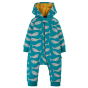 Frugi organic cotton Switch Snuggle Suit with a Camper Whales print pictured on a plain white backgroud