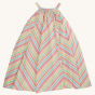 back of the Frugi Tallulah Beach Stripe Trapeze Dress pictured on a plain background
