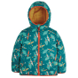 Frugi toasty trail kids reversible teal jacket with a hood and all over print of canoes and whales, a hood and a red zip