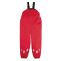 Frugi True Red Waterproof puddle buster stirrup trousers on a white background