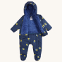 Front view with the jacket open to reveal the inside of the Frugi Waterproof All-In-One Suit - Buzzy Bee on a plain background.