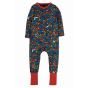 Frugi riley romper in woodland friends print with red grow with me ankle cups roller up, popper button closure from neck to toes on white background