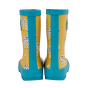 Back of the Frugi kids puddler buster wellington boots in the yellow giraffe print on a white background