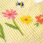A close up view of a beautifully and delicately embroidered pink, yellow and red flower, and bee on the yellow and white striped Frugi Jasmine Dress - Flowers.
