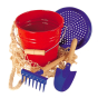 Gluckskafer red and blue metal beach sand toy set on a white background
