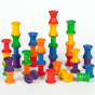 Grapat 36 Wooden Spools - Rainbow Reels in 6 different rainbow colours and 3 different shapes. Perfect for sorting, matching, counting and threading for early years play. Stacked in mixed colours on a white background. 