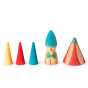 4 wooden cone figures and one peg doll from the Grapat Lucky Lucky set lined up on a white background