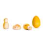 4 yellow wooden Waldorf toys from the Grapat Lucky Lucky set lined up on a white background