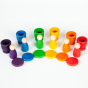 Grapat Nin Mates & Coins Wooden Toy Set. A rainbow coloured set of wooden Nin peg dolls and their corresponding Mates (cups) and coins, for open ended Waldorf and Montessori play. White background. 