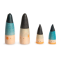 4 blue wooden cone figures from the Grapat Lucky Lucky set lined up on a white background
