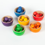 Grapat Wooden Toy Bowls & Marbles Set - 36 marbles and 6 small wooden sorting bowls in 6 rainbow colours, with wooden tweezers. White background.