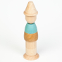The Grapat Stacking Figure Wooden Stacker Toy, stacked in a human figure form. Made from natural wood and a pastel blue painted section. White background. 