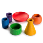 6 Grapat Wooden Rainbow Sorting Pots, in various shapes and sizes. Hand painted and on a white background