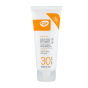 Green People Organic Mineral Sun Cream Scent Free SPF30 100ml, in a white plant-based tube, on a white background.