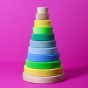 Grimm's Conical Stacking Tower - Neon Green - On a plain pink background.