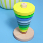 Grimm's Conical Stacking Tower - Neon Green - On a plain blue background. Alternative stacking layout.
