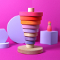 Grimm's Conical Stacking Tower - Neon Pink - On a plain blue background. Alternative puzzle layout. There are various Grimm's wooden blocks and figures in the background.