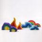 Grimm's Wooden Rainbow Medium and Mini on a grey background with Elements and Small Elements