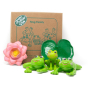 Green rubber toys natural rubber frog toy set laid out on a white background in front of their cardboard box