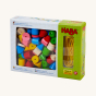 HABA Wooden Assorted Threading Bambini Beads. A colourful selection of different shaped wooden beads in natural wood and glossy textures which have been threaded on a yellow cord, in the box on a cream background