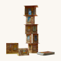 HABA Rhino Hero Card Stacking Game. A fun set of illustrative cards, depicting various room scenes made into a card tower, on a cream background