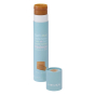 Hevea natural rubber bath mat rolled up in its blue card tube on a white background
