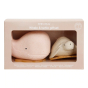 A picture of the Hevea Squeeze'n'splash Whale & Turtle rubber Bath toys in Champagne Pink and Vanilla, in their gift box. White background