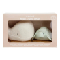 Hevea Squeeze'n'splash Bath toys - Whale & Turtle - Frosty White - Sage, in their gift box, on a white background