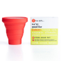 Hey Girls silicone sterilising cup cup in red next to it's packaging pictured on a plain white background