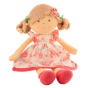 The Bonikka flower kids rag doll in pink is a soft toy doll with light hair in pig tails and a floral pink dress. sat down with white background.
