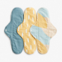 Imse Classic Cloth Pads - night time heavy 3 pack period pads - Blue Sprinkle 3 in blue, yellow and & yellow and blue with white spots & white poppers snaps on a white background